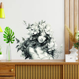Product gallery view of the woman with floral hair wall decal.