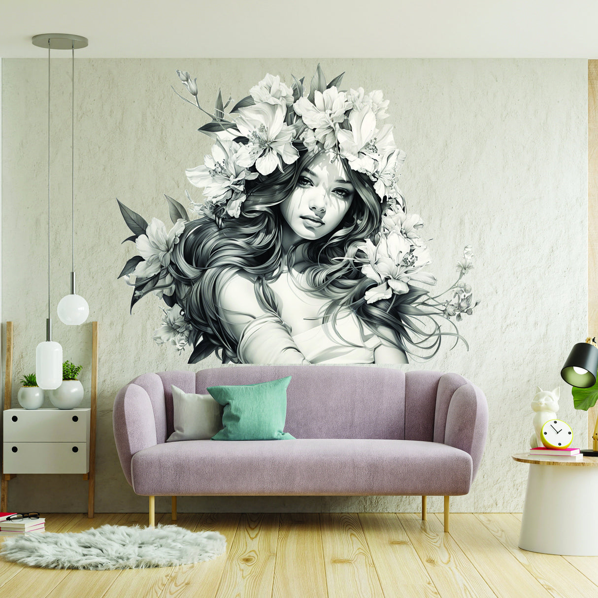 Alternate product view of the woman with floral hair wall decal.