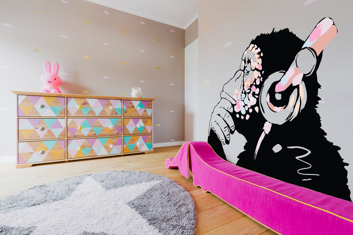 Monkey with headphones wall decal product detail.