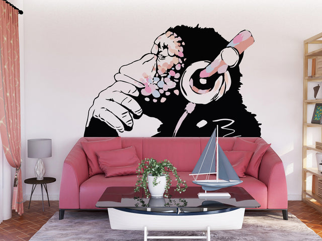 Pink thinking monkey street art wall decal.