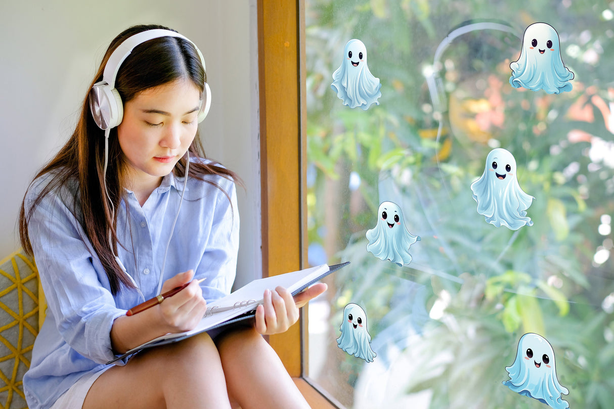 12x Printed White Ghosts Window Decals - Spooky Halloween Window Stickers Decor.