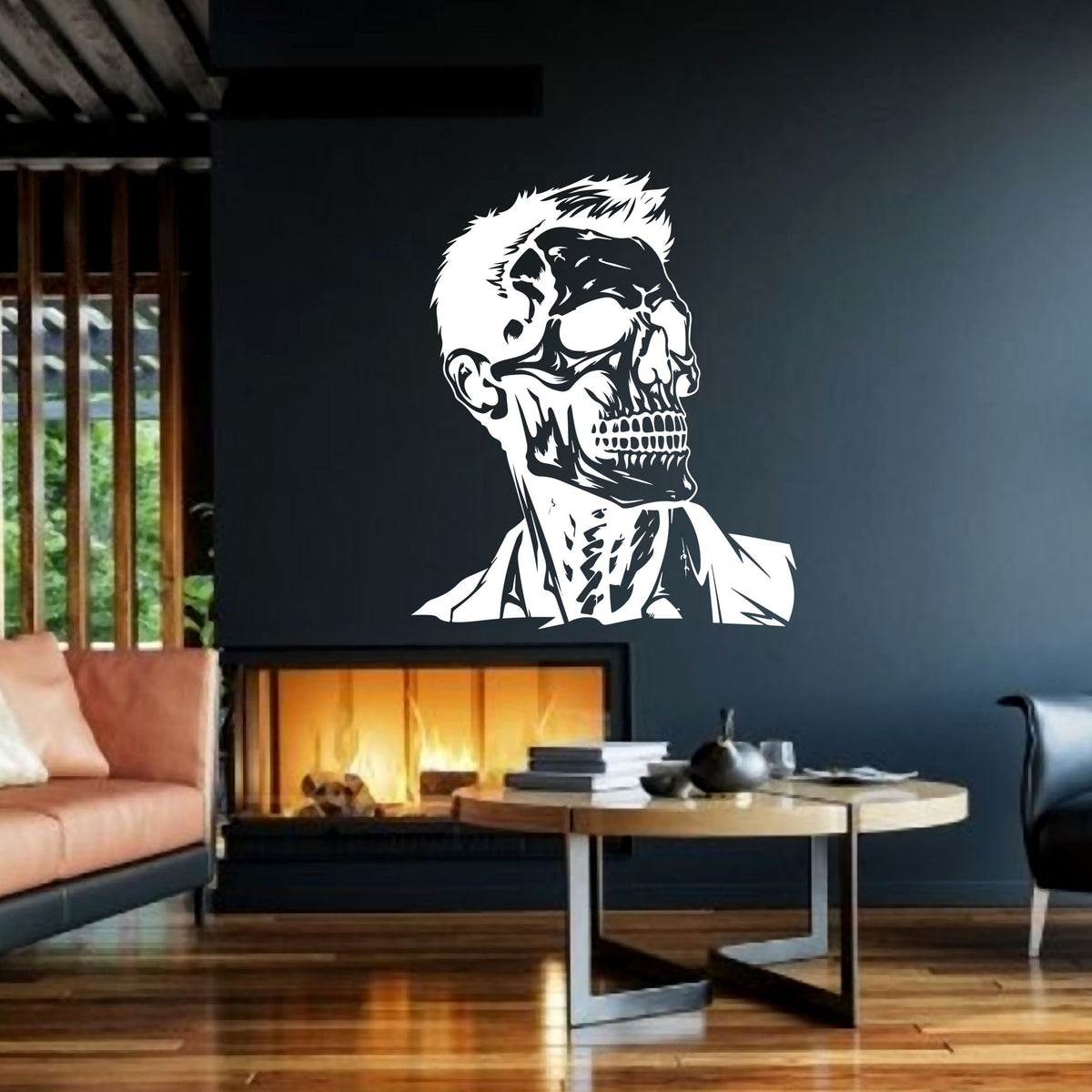 Stylized skeleton portrait with hair silhouette shown as a standalone vinyl decal design.