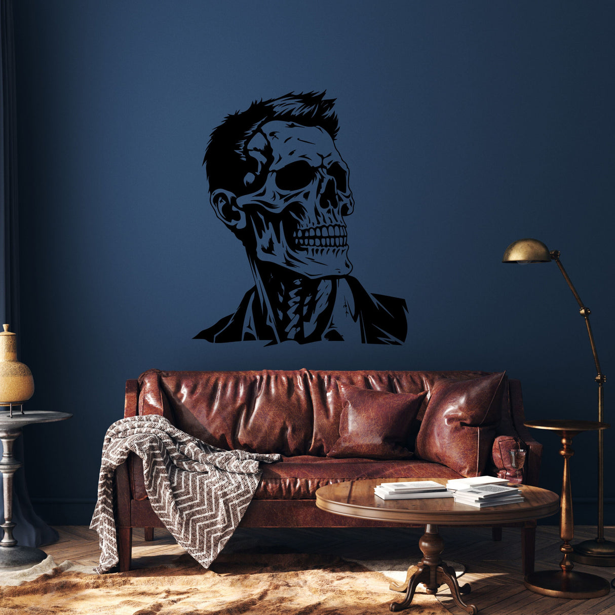 Skeleton face wall decal with a dramatic hair silhouette.