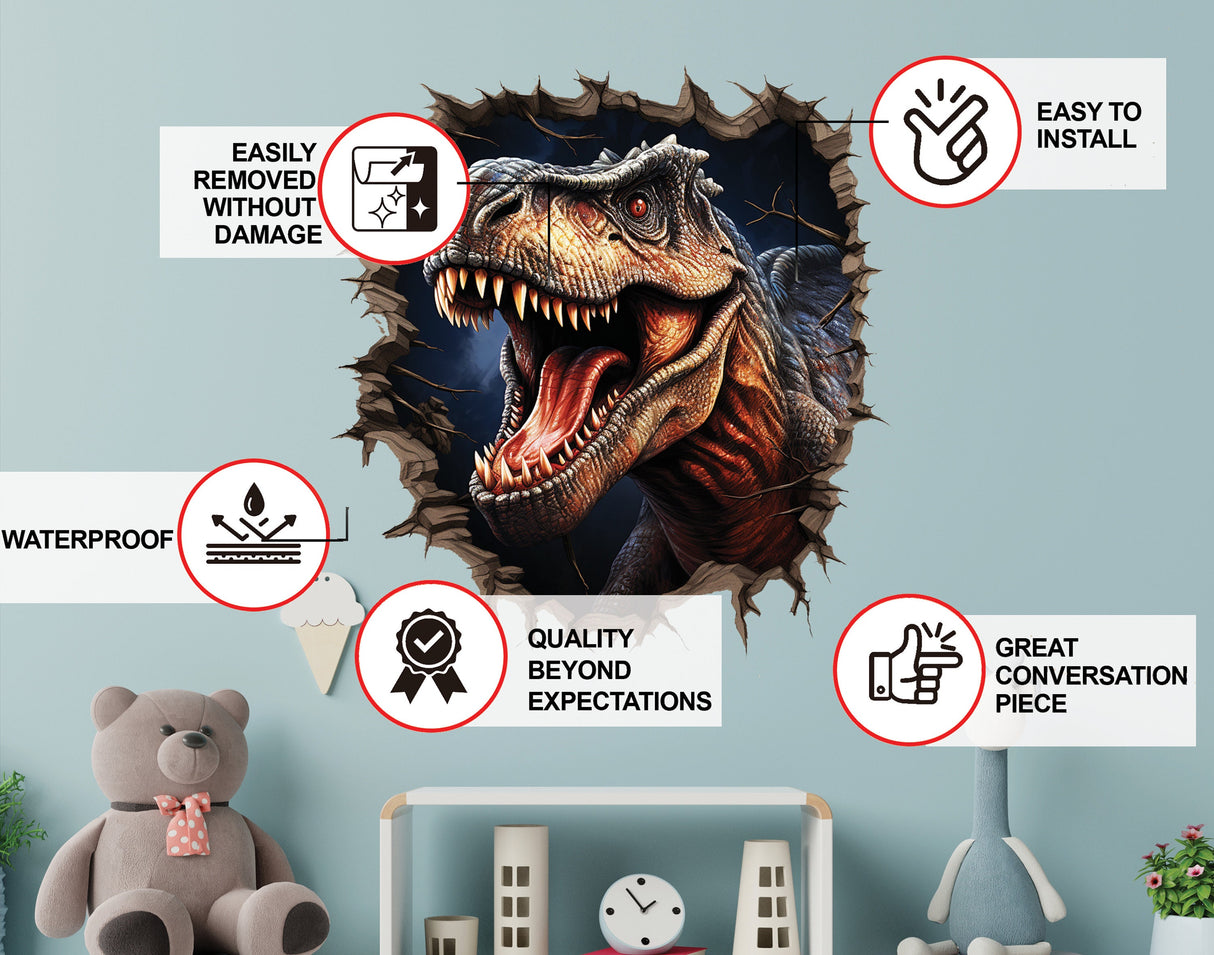 Additional product view of the 3D dinosaurs cracked-wall porthole decal.
