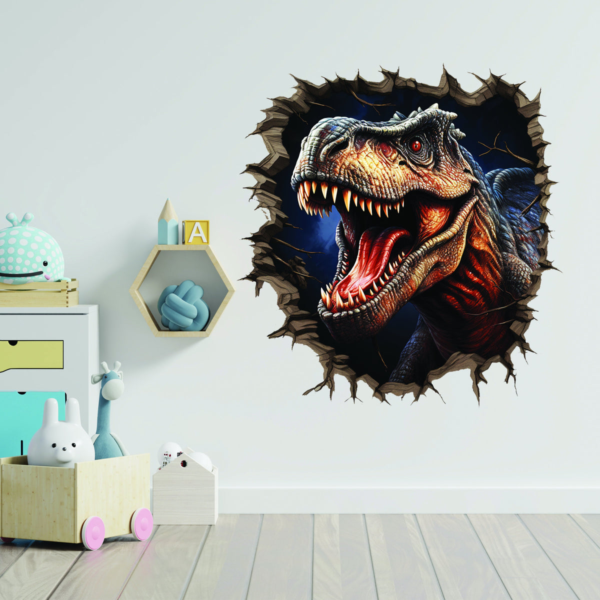 Alternate gallery view of the 3D dinosaurs cracked-wall porthole decal.