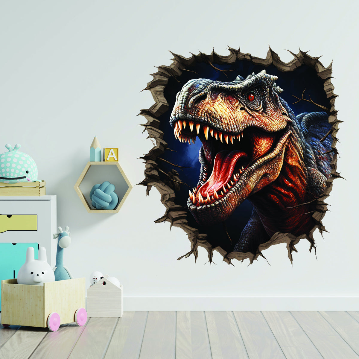 Additional product detail of the 3D dinosaurs cracked-wall porthole decal.