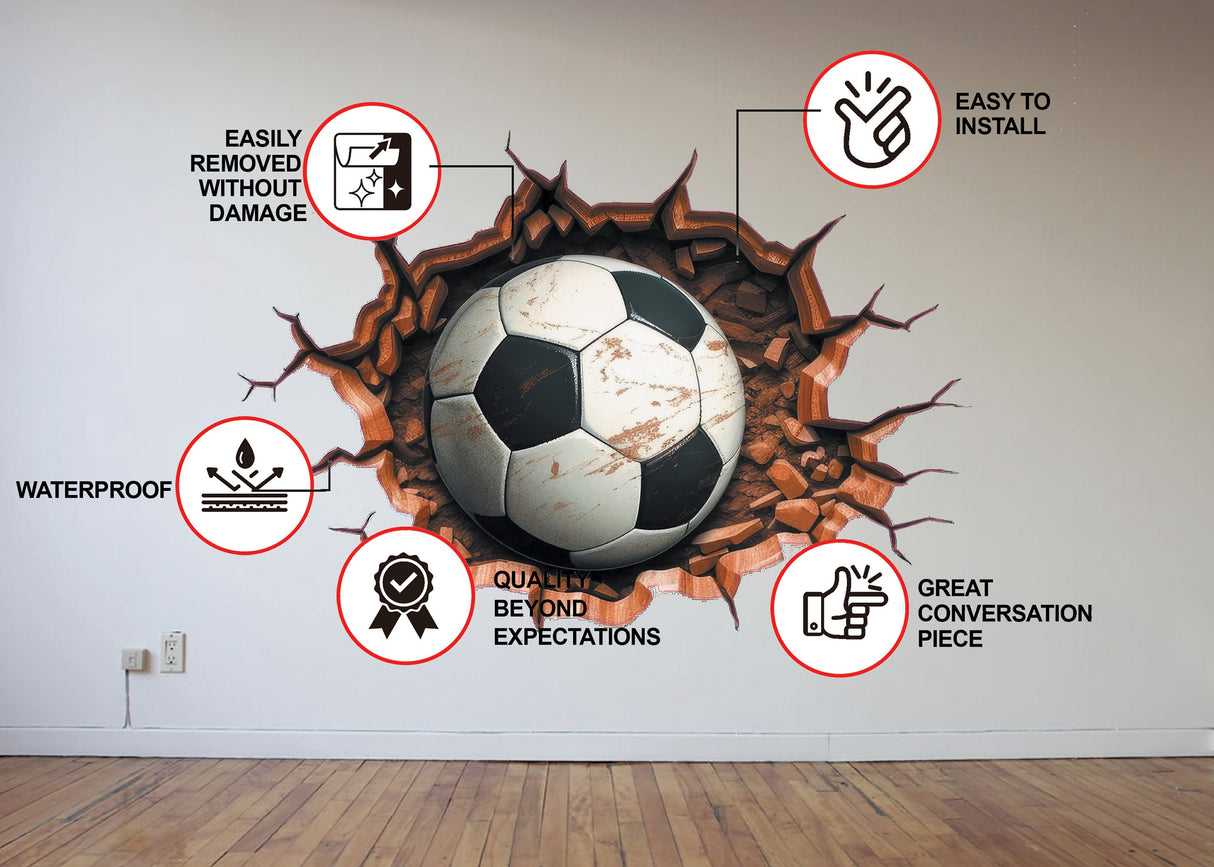Alternate product view of the 3D football breakthrough wall decal.