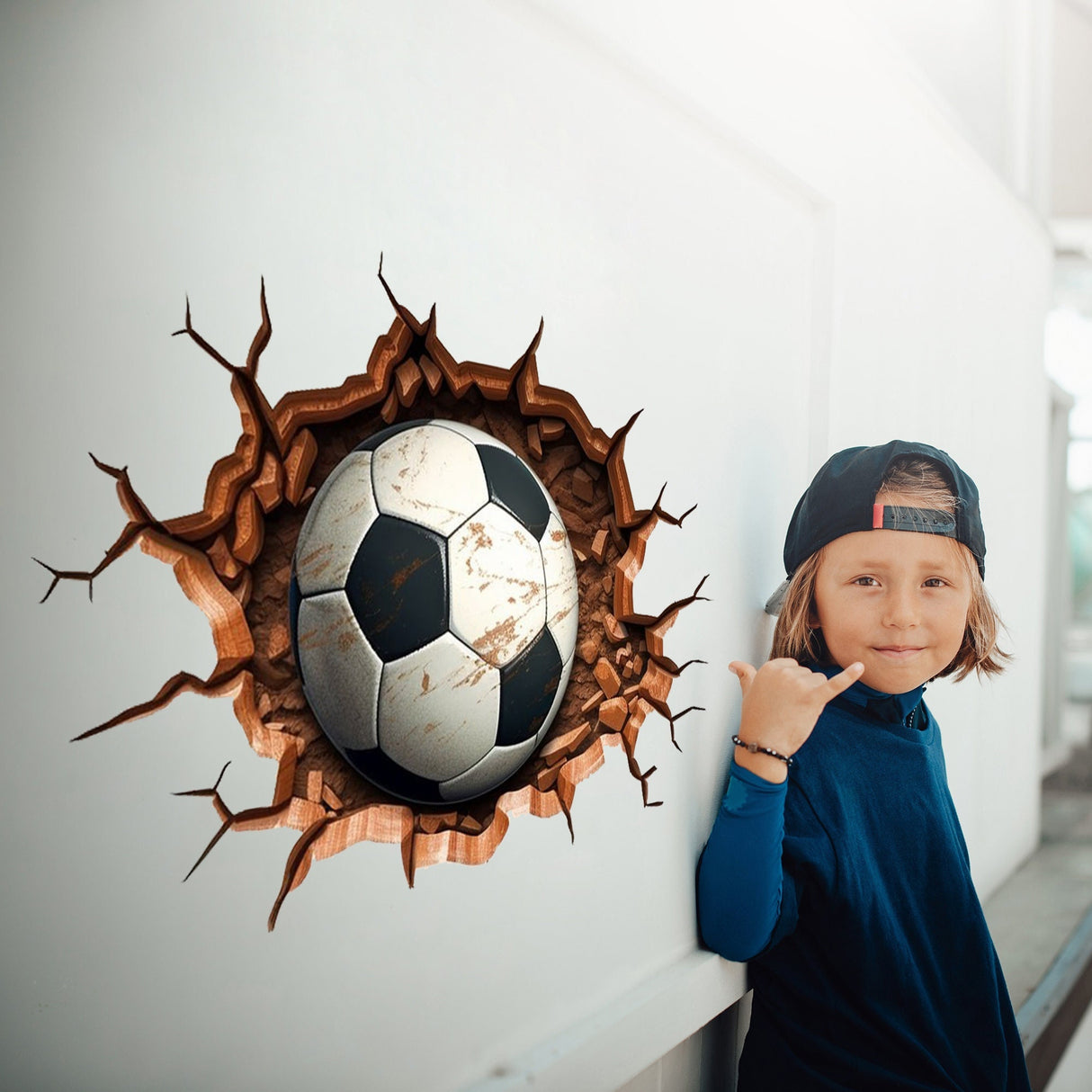 Football wall decal with a soccer ball breakthrough illusion