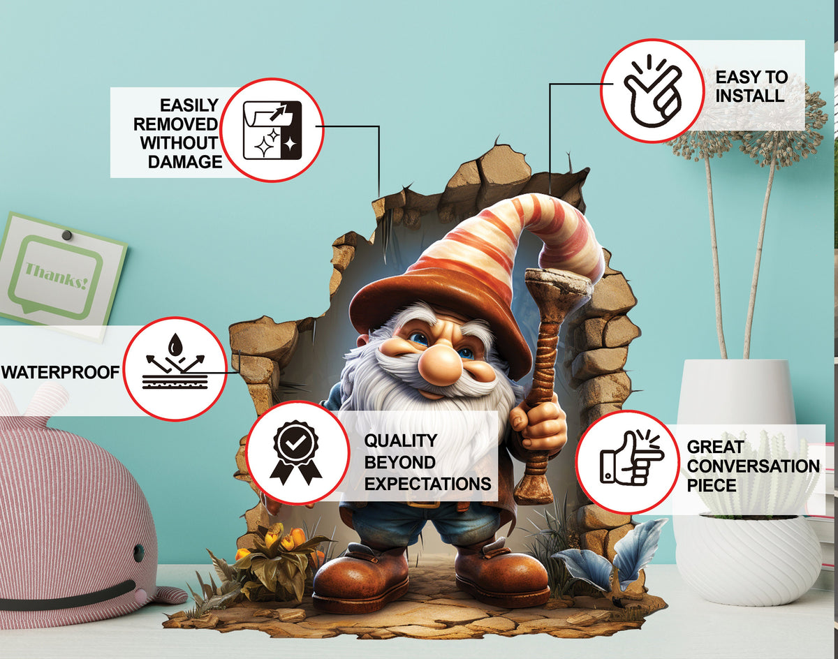 3D gnome wall hole decal shown in a product view.