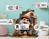 3D gnome wall hole decal shown in a product view.