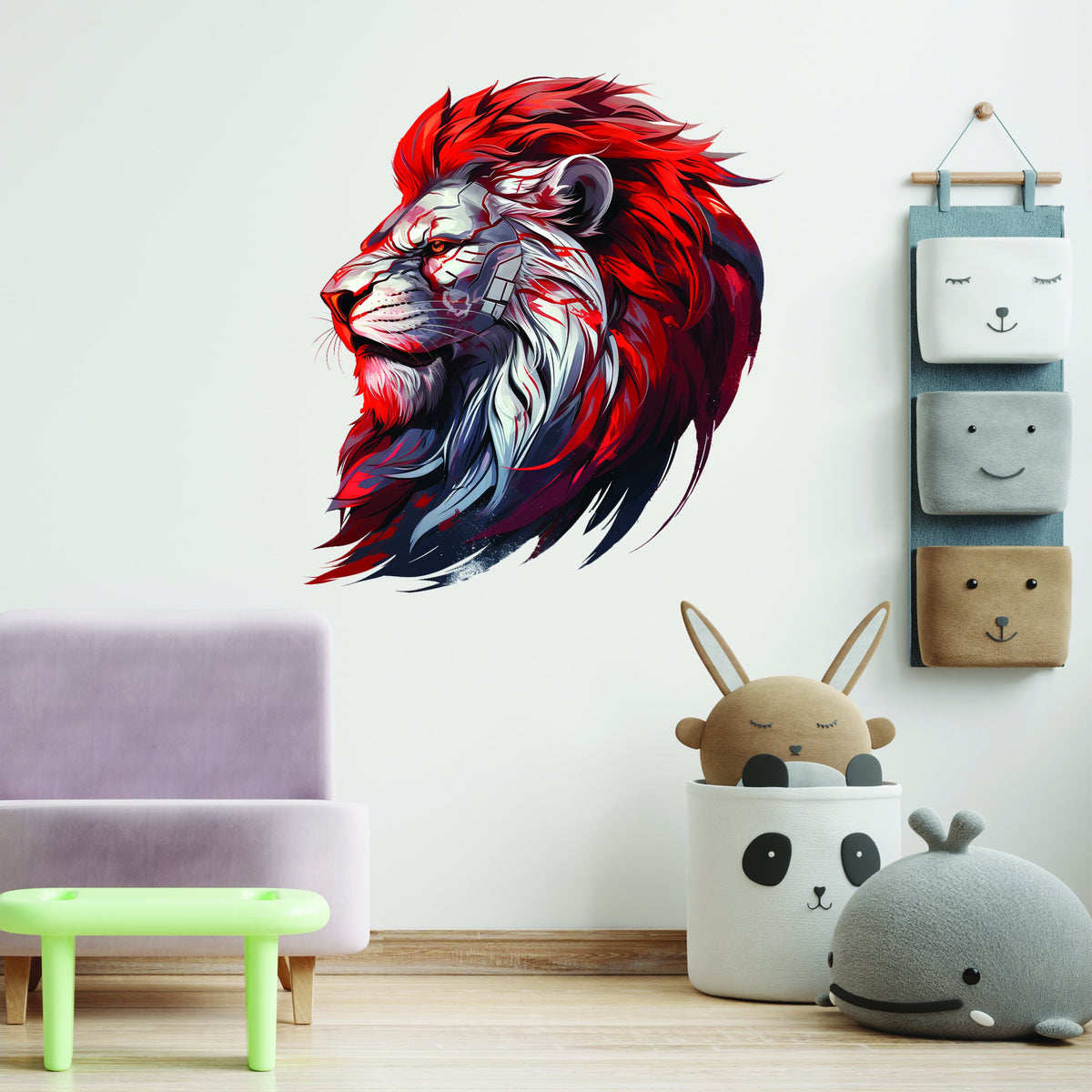 Futuristic red-maned lion wall art shown in a product presentation.
