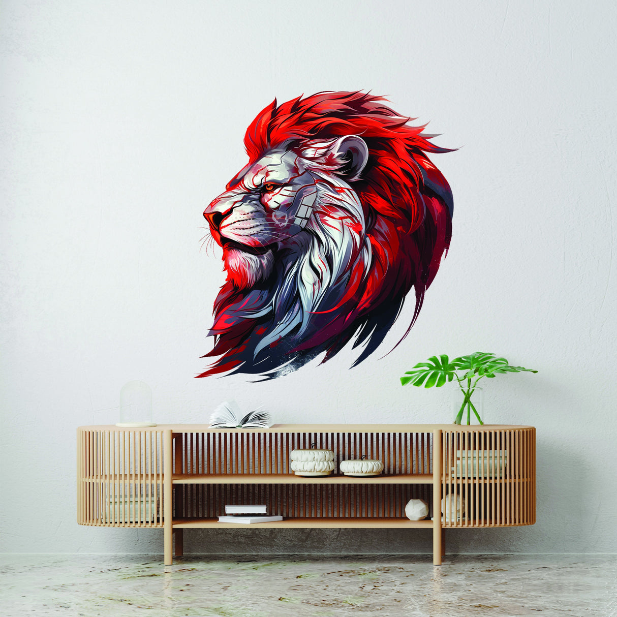 Cybernetic red-maned lion head wall decal shown in a product view.