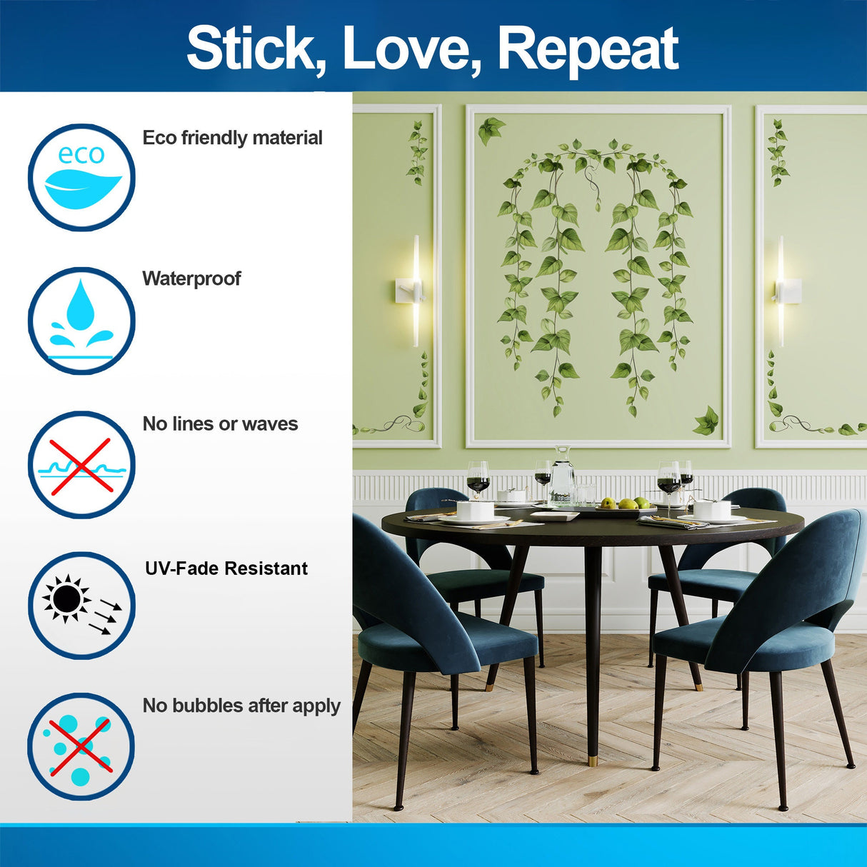 Green ivy leaves shown in the hanging vine wall decal design.
