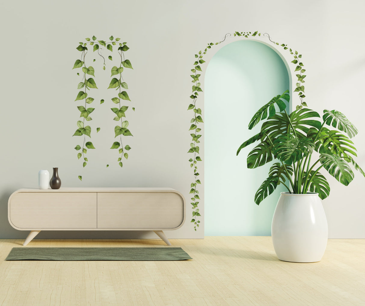 Hanging vine wall sticker displayed as living room wall art.