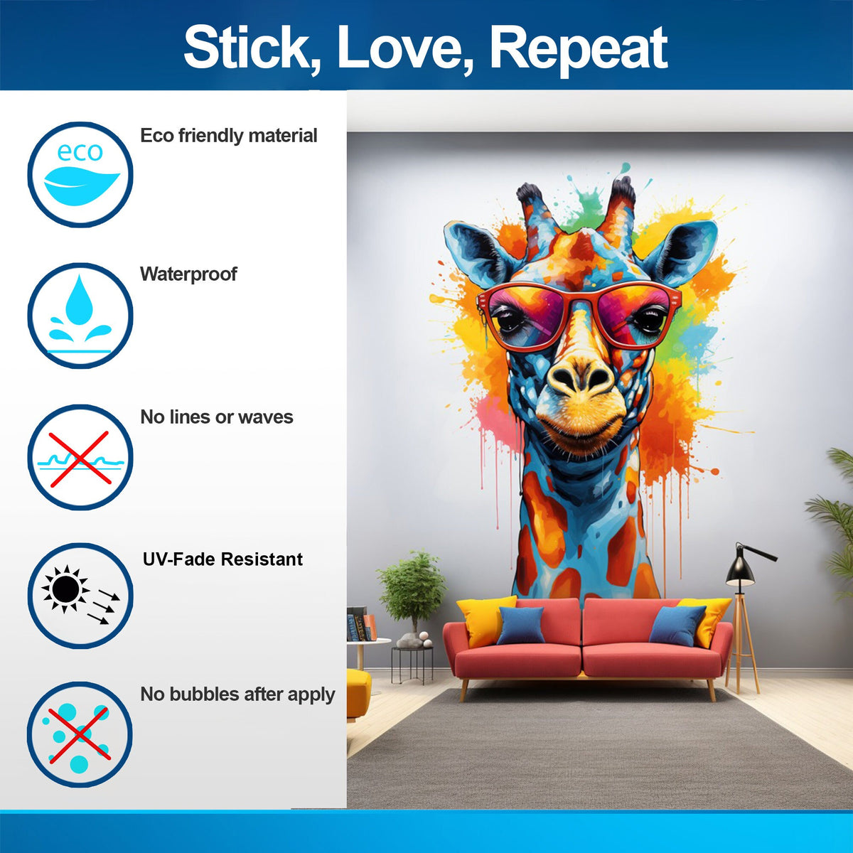 Giraffe with glasses animal wall sticker shown in an alternate product view.