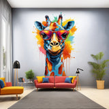Whimsical watercolor giraffe with glasses wall decal shown in a product view.