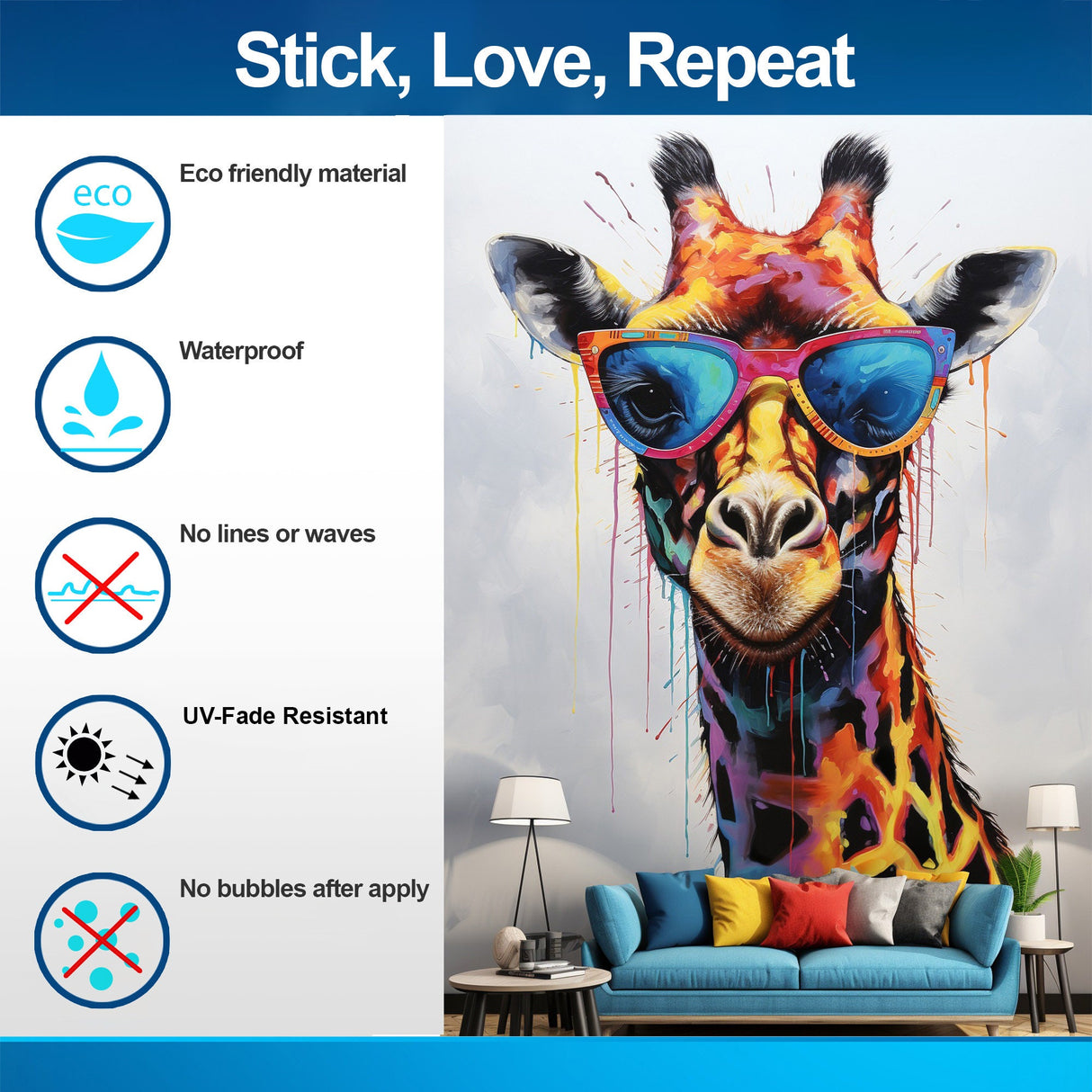 Charming giraffe with glasses wall decal displayed in a toddler room setting.