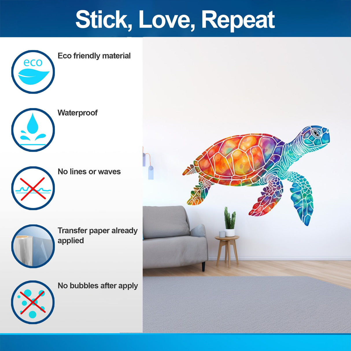 Rainbow sea turtle wall decal displayed in a child-friendly room setting.