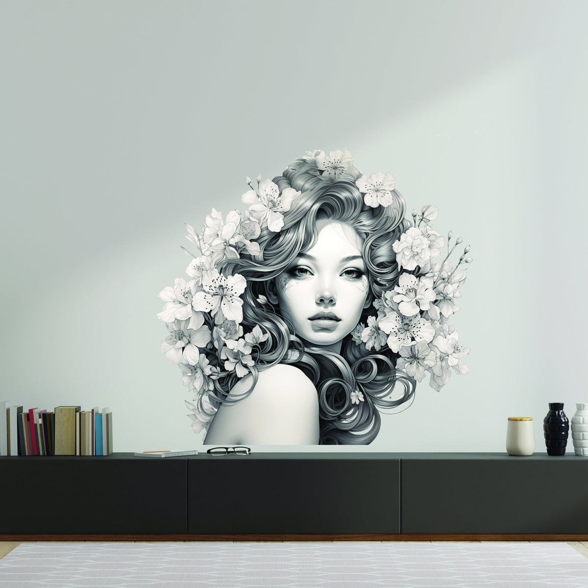 Floral hair portrait vinyl decal shown in a product presentation.
