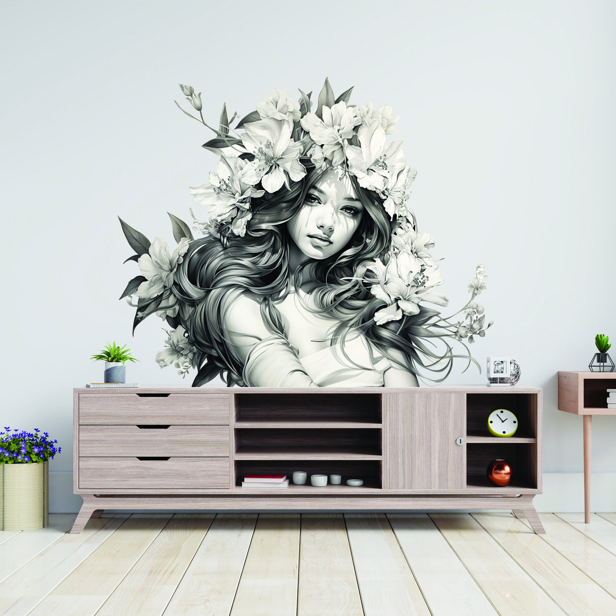 Additional product detail of the woman with floral hair wall decal.
