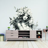 Additional product detail of the woman with floral hair wall decal.