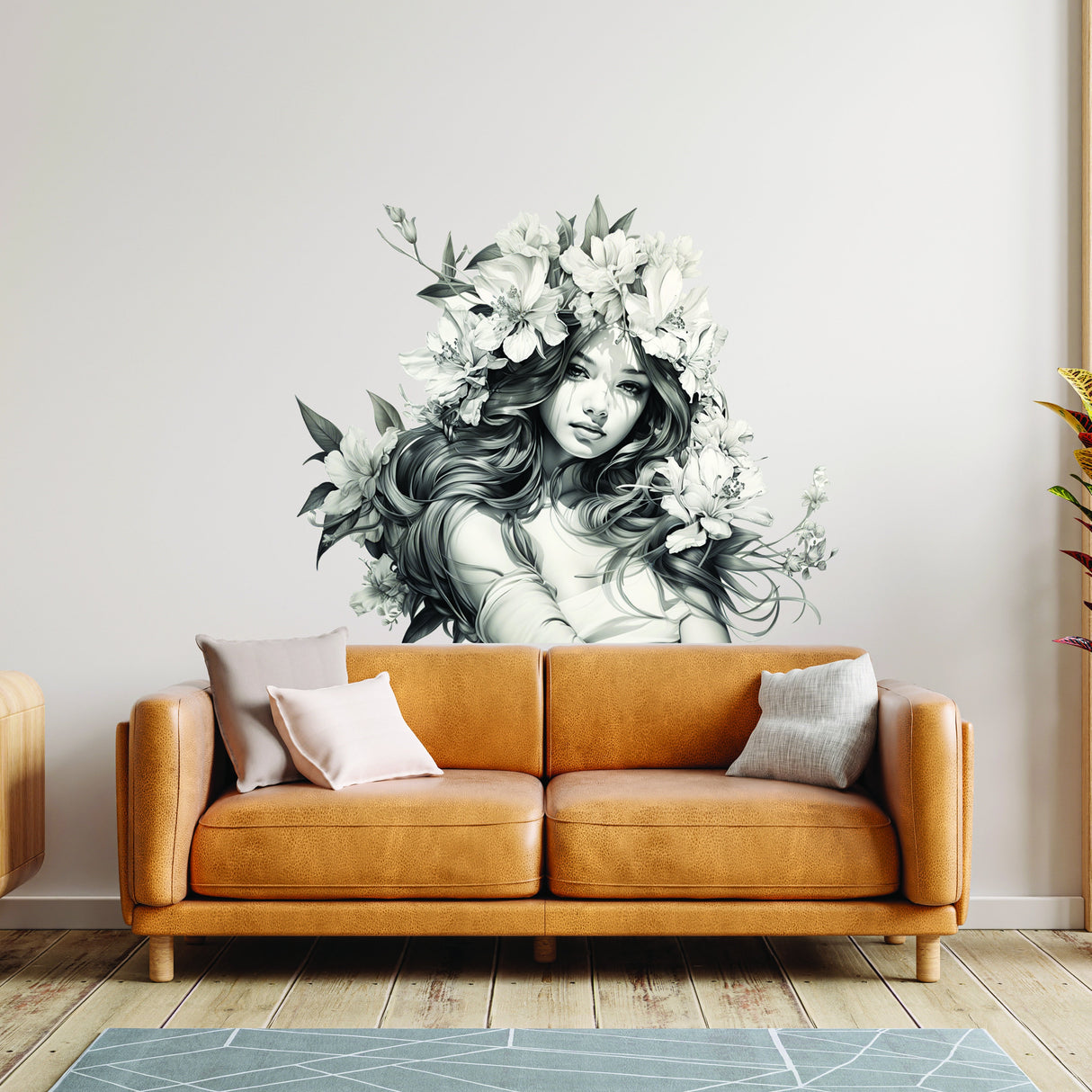 Alternate product presentation of the woman with floral hair wall decal.