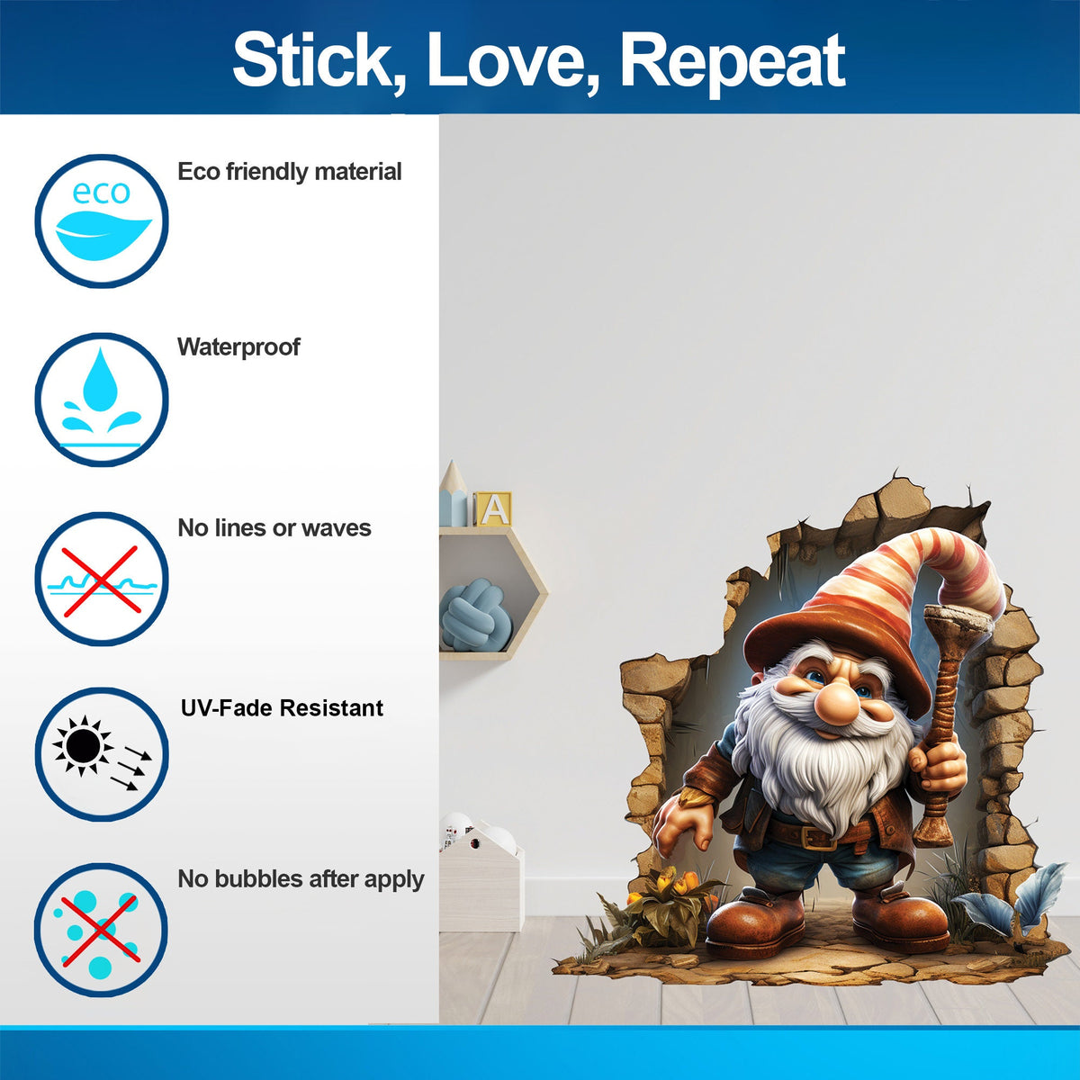 Additional product view of the 3D gnome wall hole decal.