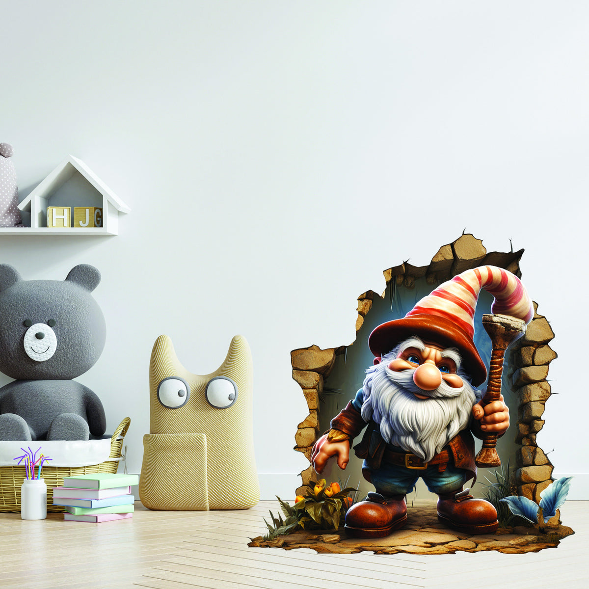 Product gallery view of the 3D gnome wall hole decal.