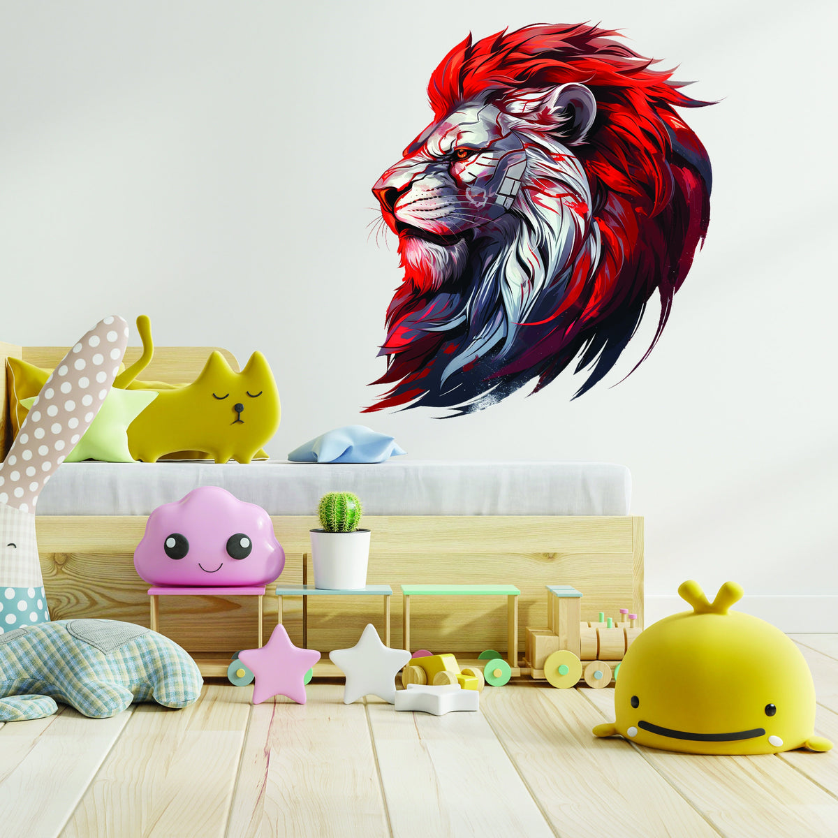 Cybernetic lion head wall decal shown as futuristic home decor.