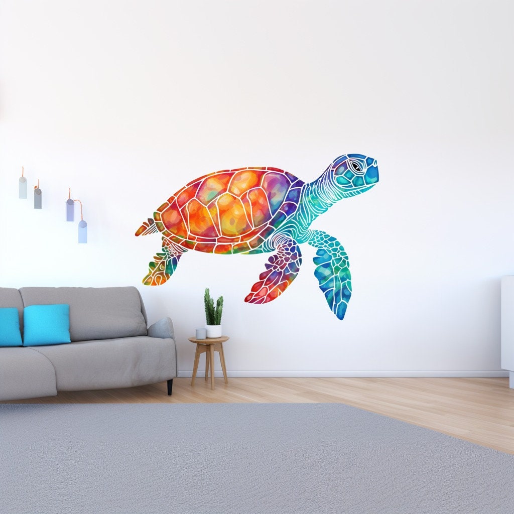 Ocean-themed rainbow sea turtle wall decal.