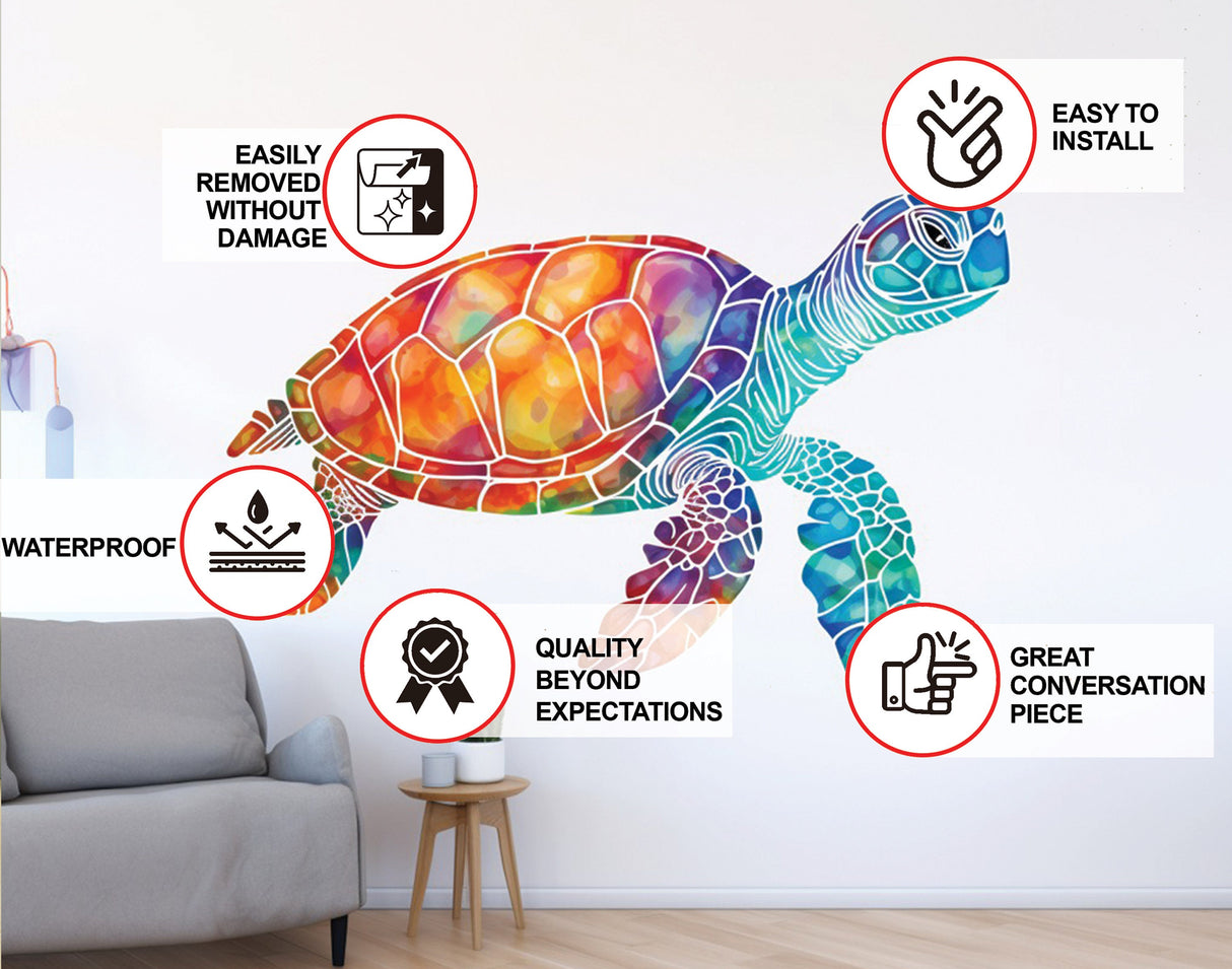 Alternate product view of the rainbow sea turtle wall decal.