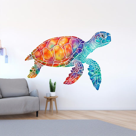 Vibrant rainbow sea turtle wall decal shown in a product view.