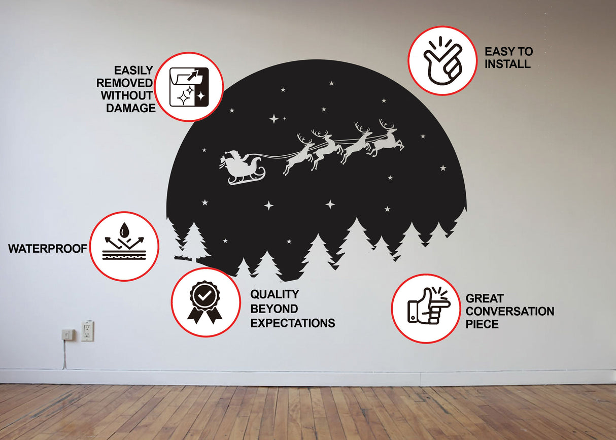 Starry Sky Santa & Sleigh with Deers Wall Decal - Christmas Silhouette Stickers.