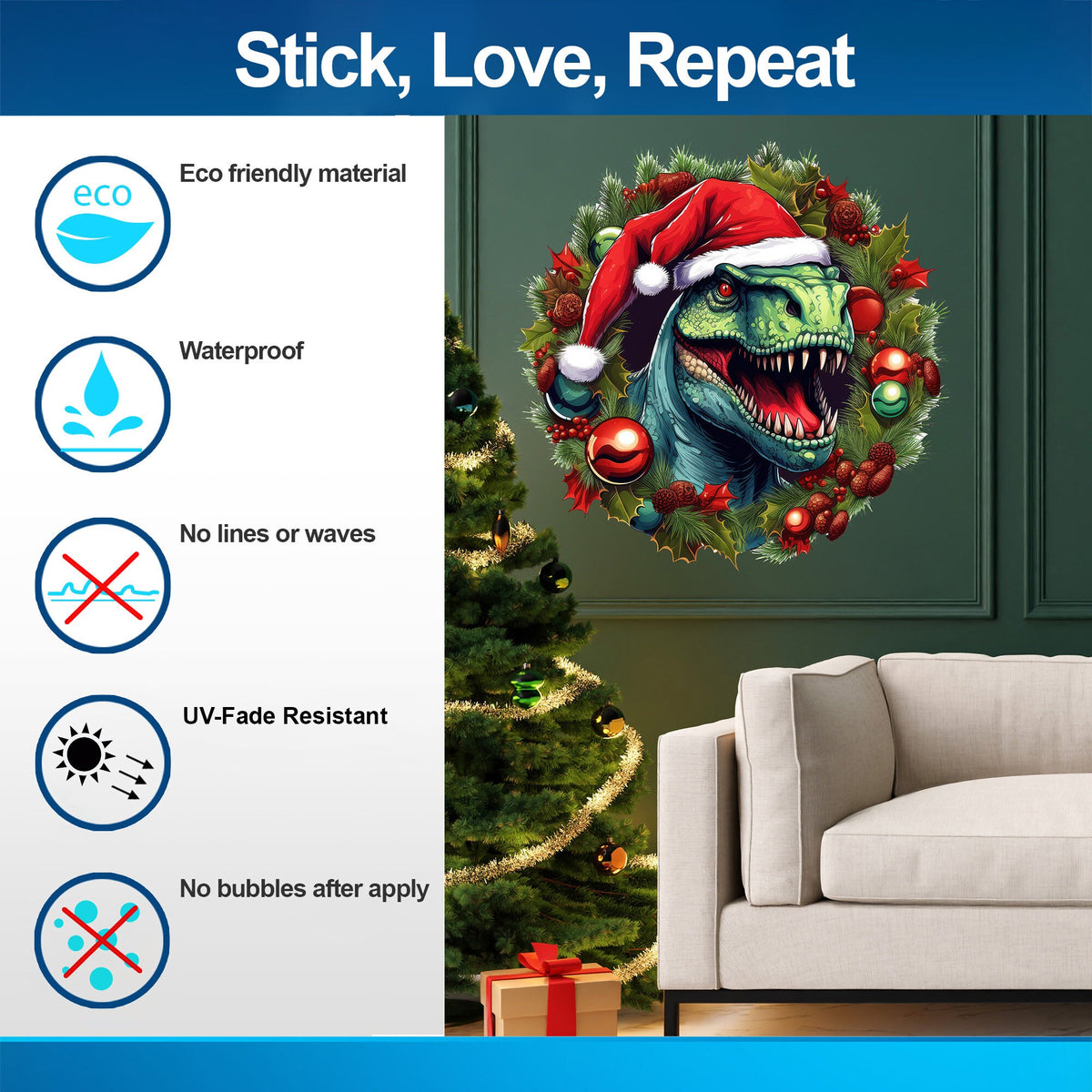 Product gallery view of Dino Merry Christmas Wreath Wall Decal.