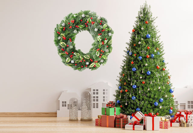 Christmas Wreath Wall Decal with Green Leaves and Red Berries