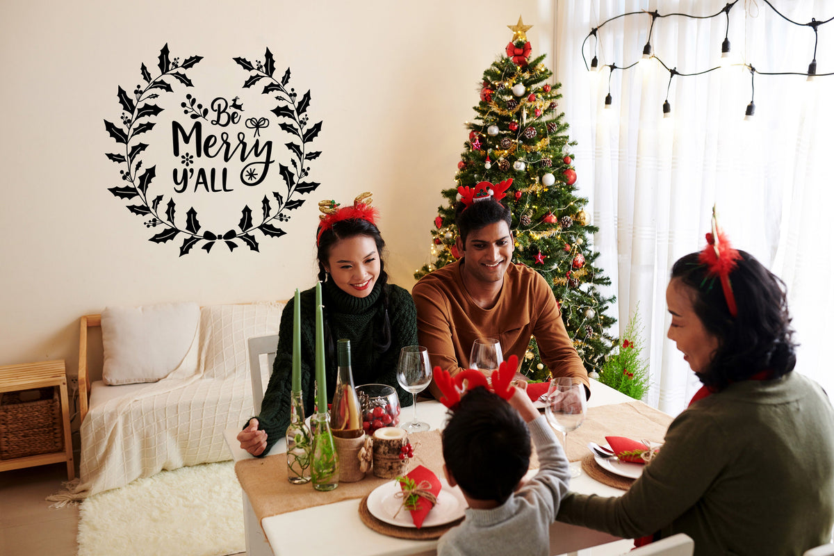 Be Merry Y'all Christmas wall decal displayed in a festive interior.