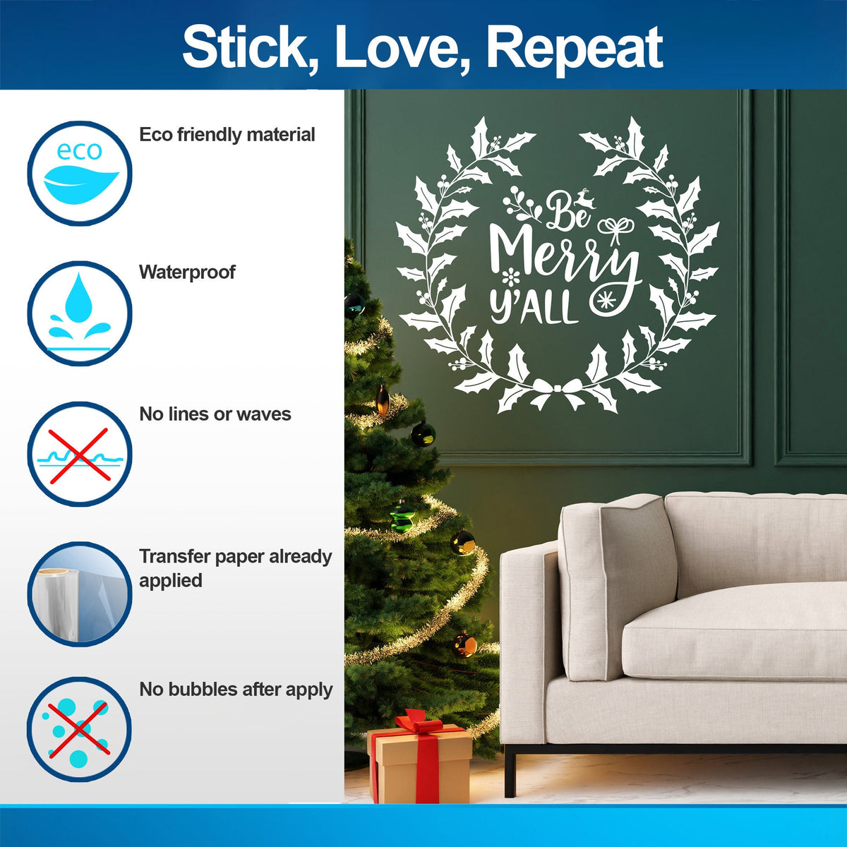 Product detail view of the Be Merry Y'all Christmas wall decal.