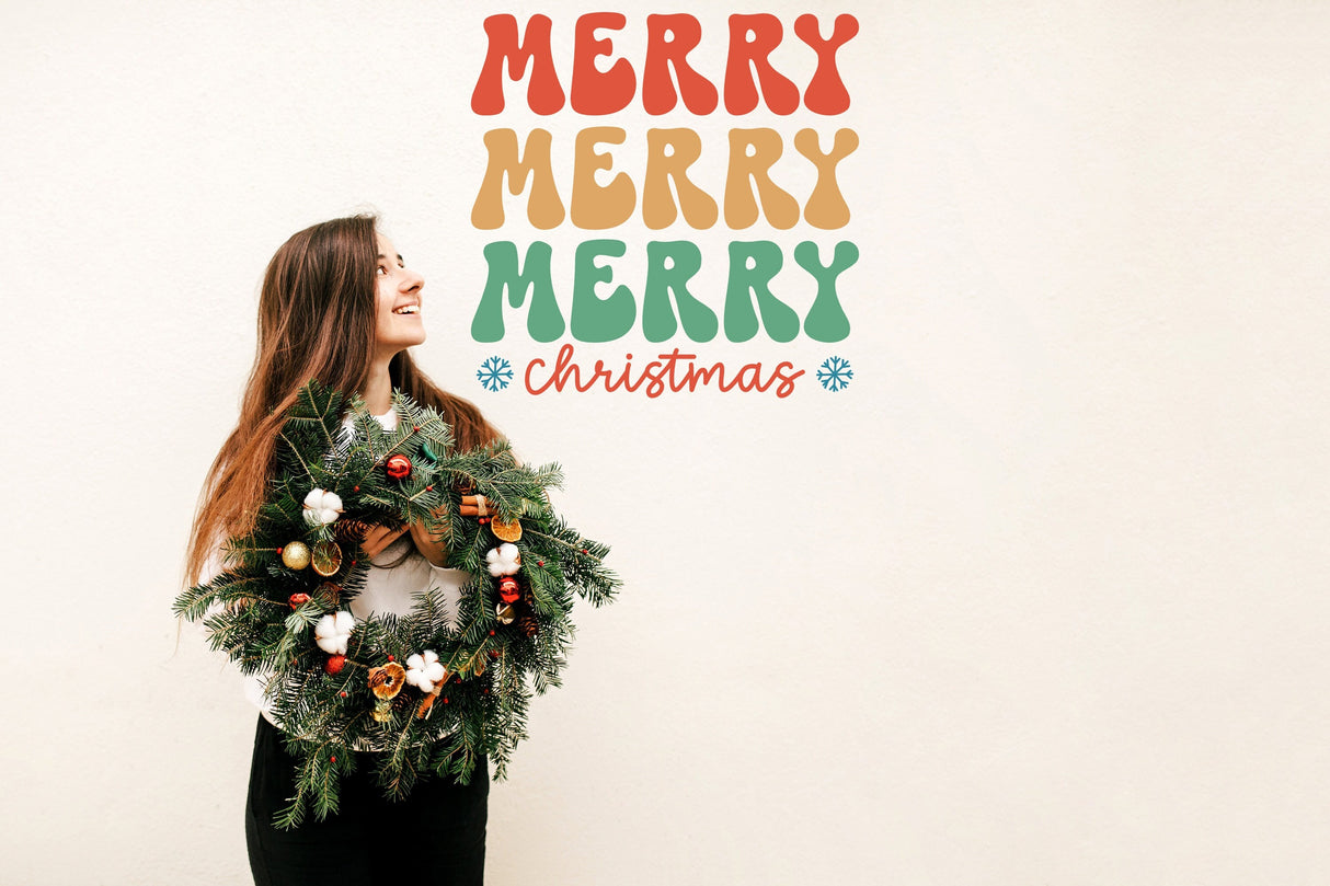 Merry Merry Merry Christmas wall decal shown in a room setting.