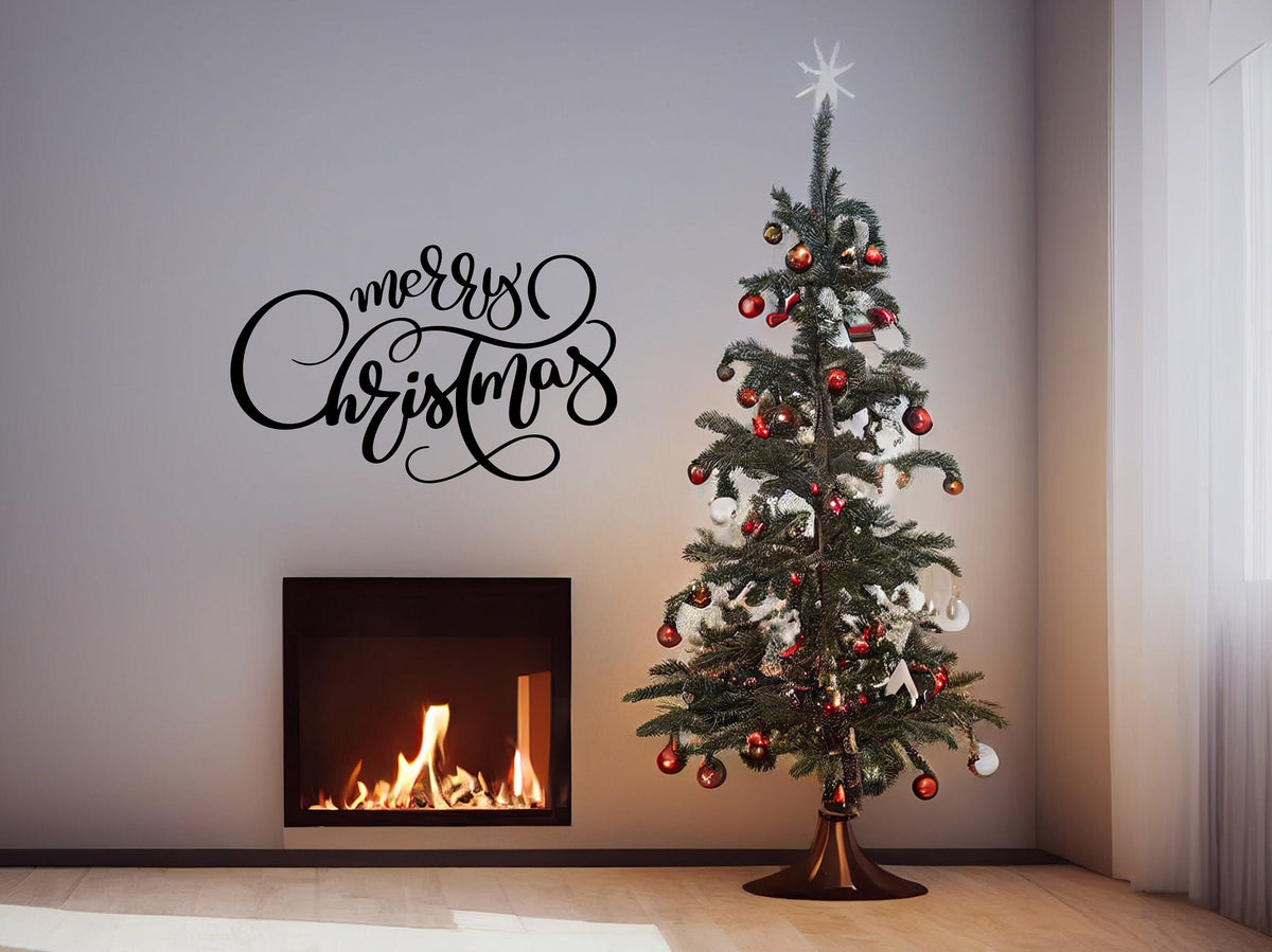 Merry Christmas cursive vinyl wall lettering displayed in a seasonal interior.