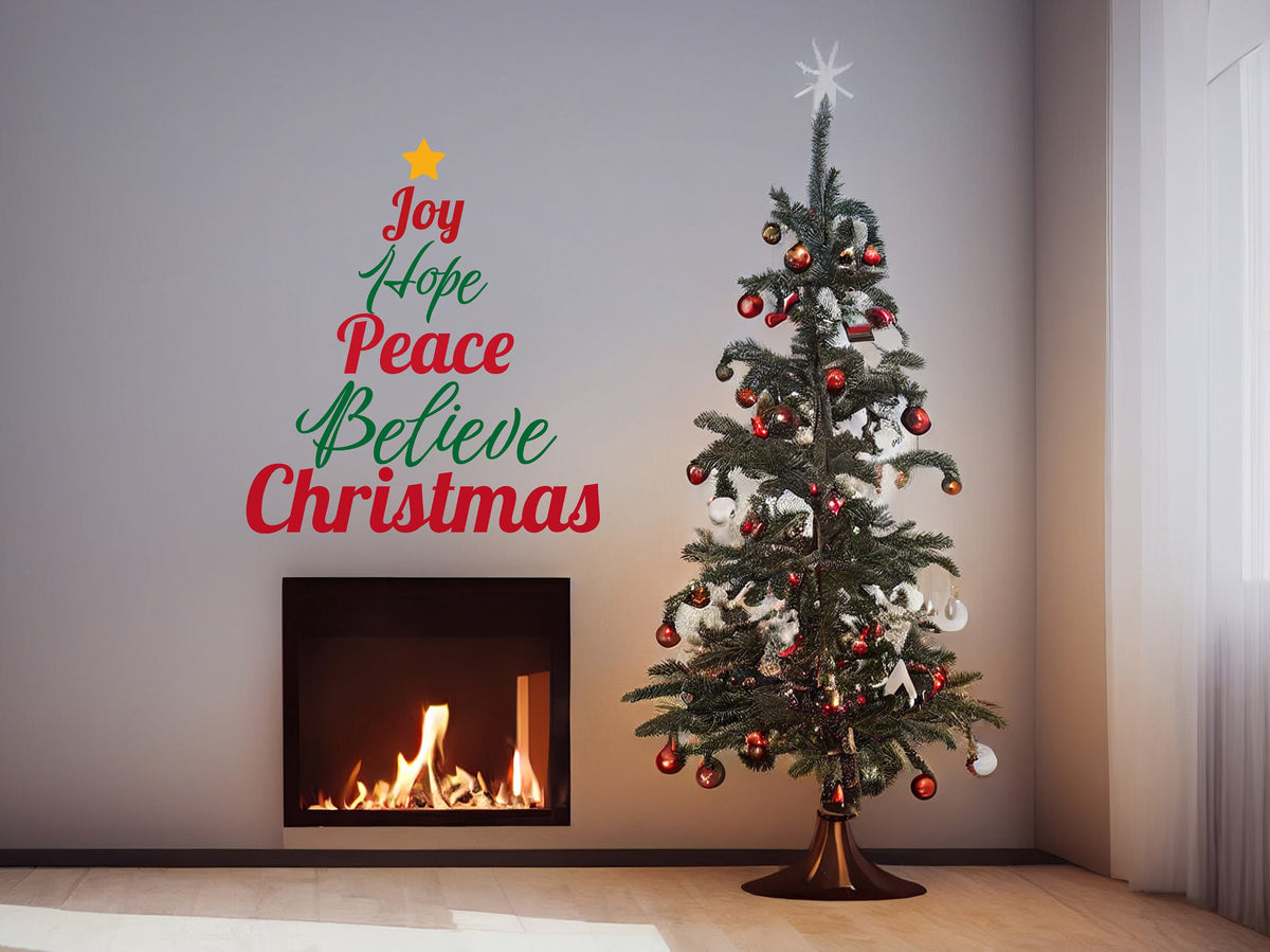 Product presentation view of the Joy Hope Peace Believe Christmas wall decal, layout 2.