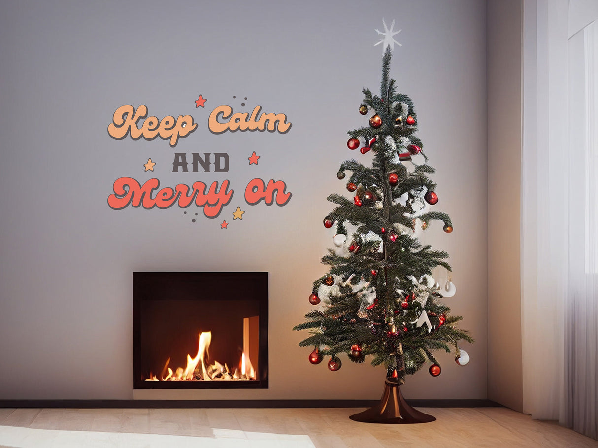 Keep Calm and Merry On Christmas wall decal displayed in a festive interior.