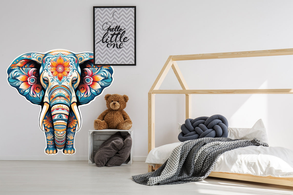 Colorful elephant wall decal shown in an interior.