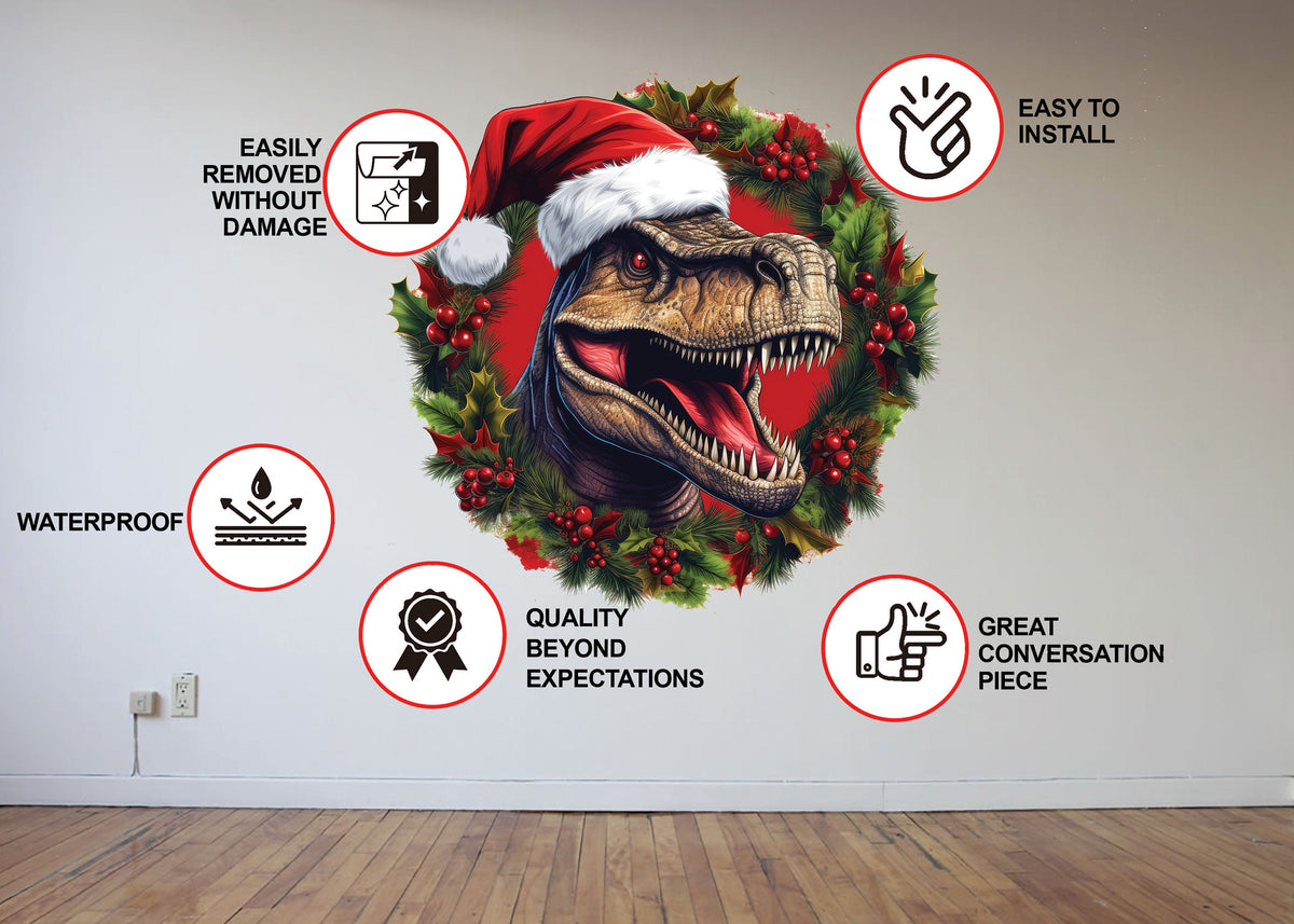 Dino Merry Christmas Wreath Wall Decal - Funny Dinosaur T-Rex in Red Hat Sticker