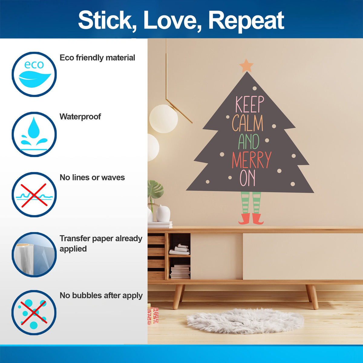 Keep Calm and Merry On Christmas tree wall decal displayed in a festive interior.