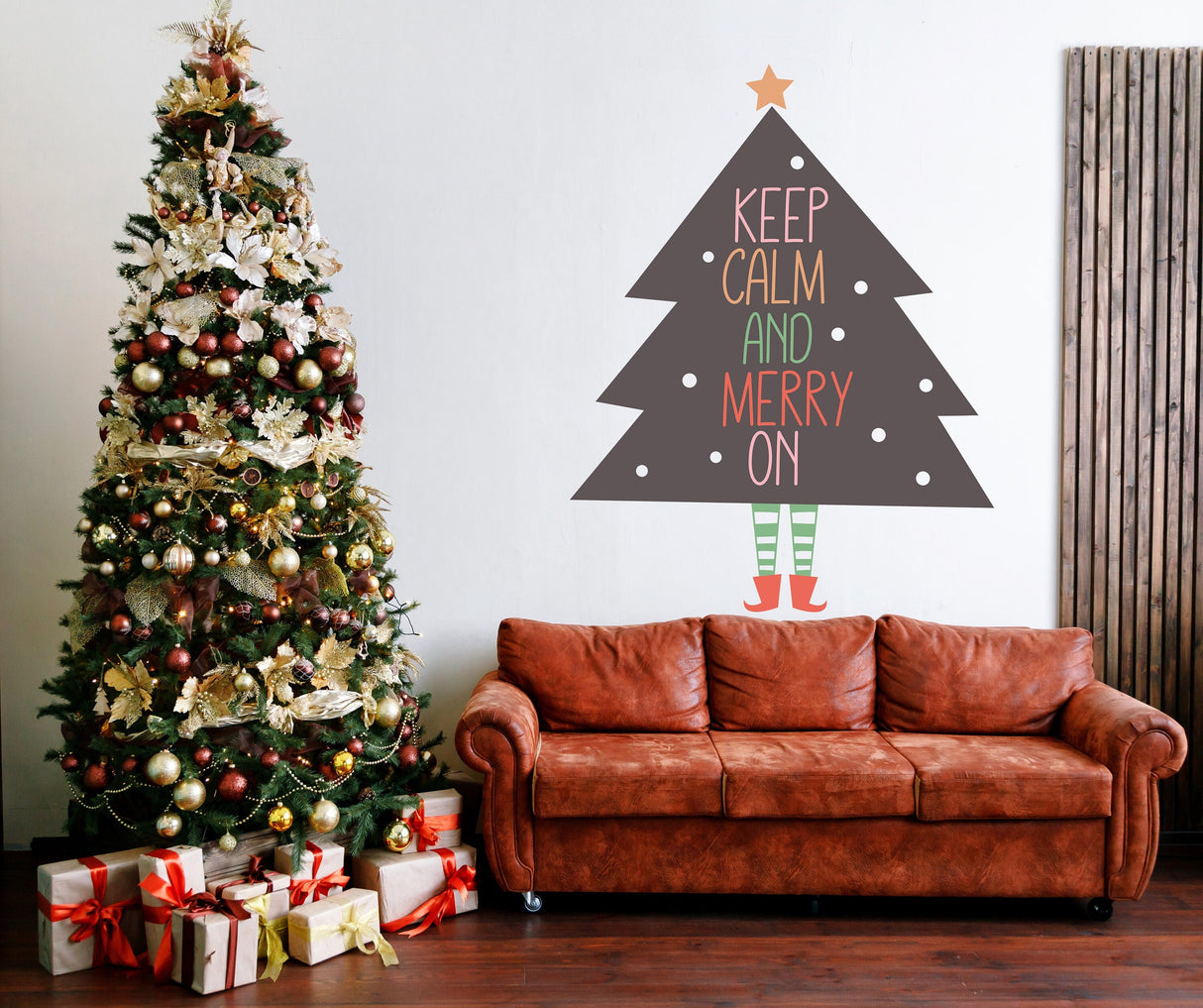 Keep Calm and Merry On Christmas tree wall decal shown in a room setting.