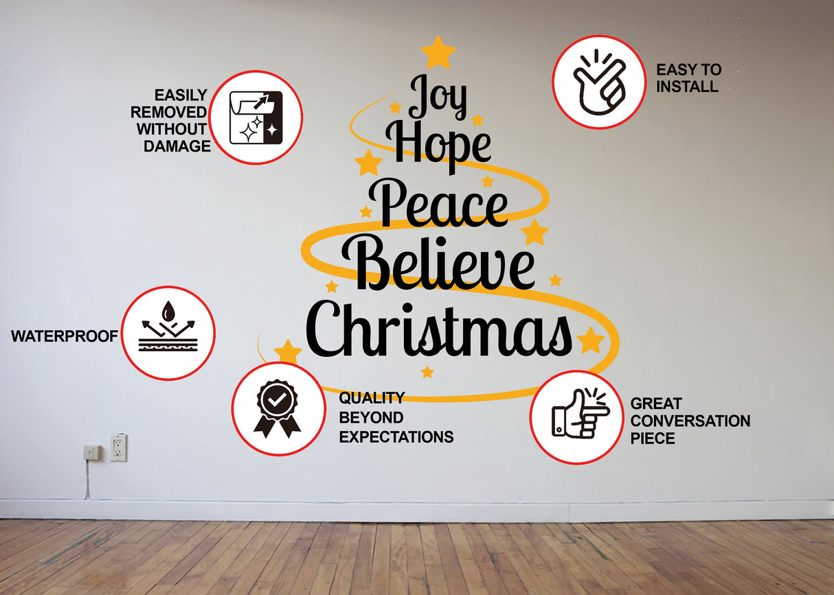 Alternate product view of the Joy Hope Peace Believe Christmas wall decal, layout 1.