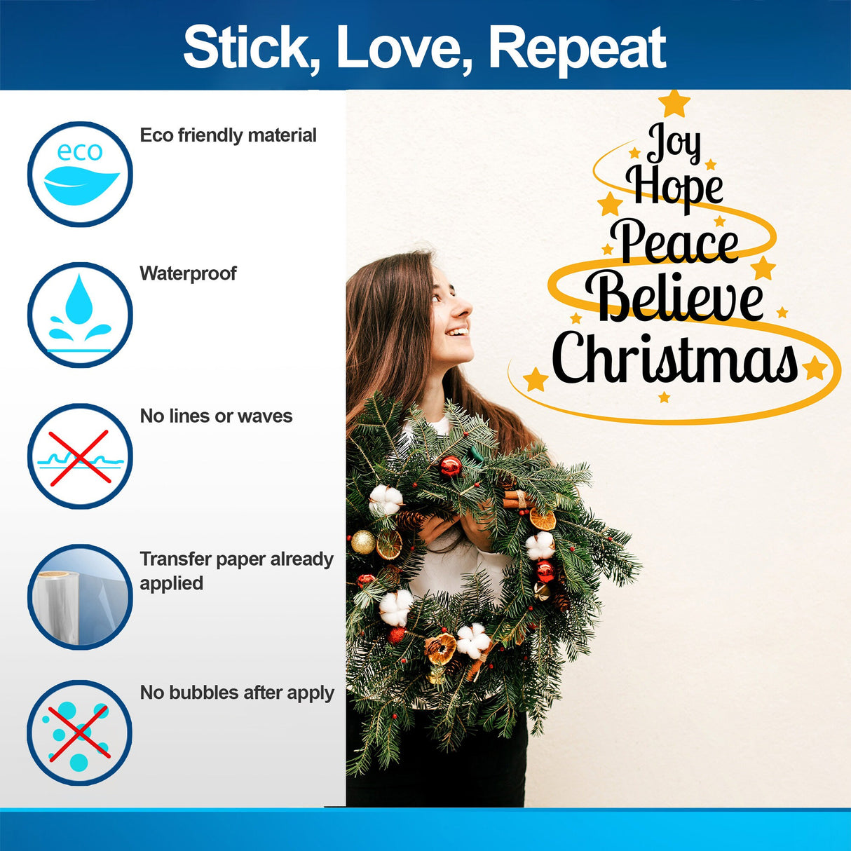 Alternate gallery view of the Joy Hope Peace Believe Christmas wall decal, layout 1.