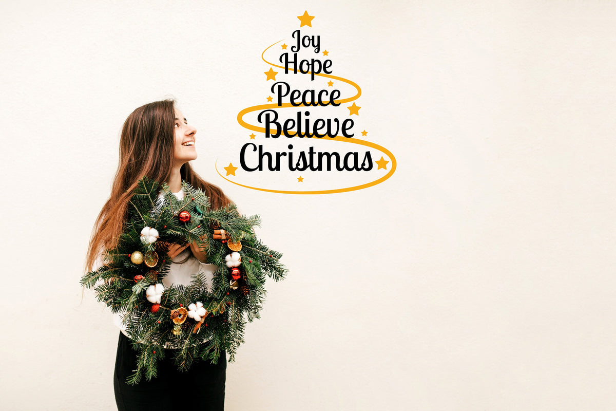 Product presentation view of the Joy Hope Peace Believe Christmas wall decal, layout 1.