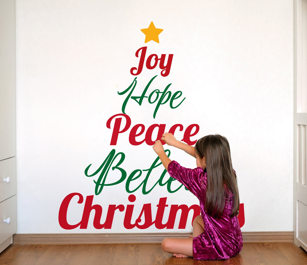 Product gallery view of the Joy Hope Peace Believe Christmas wall decal, layout 2.