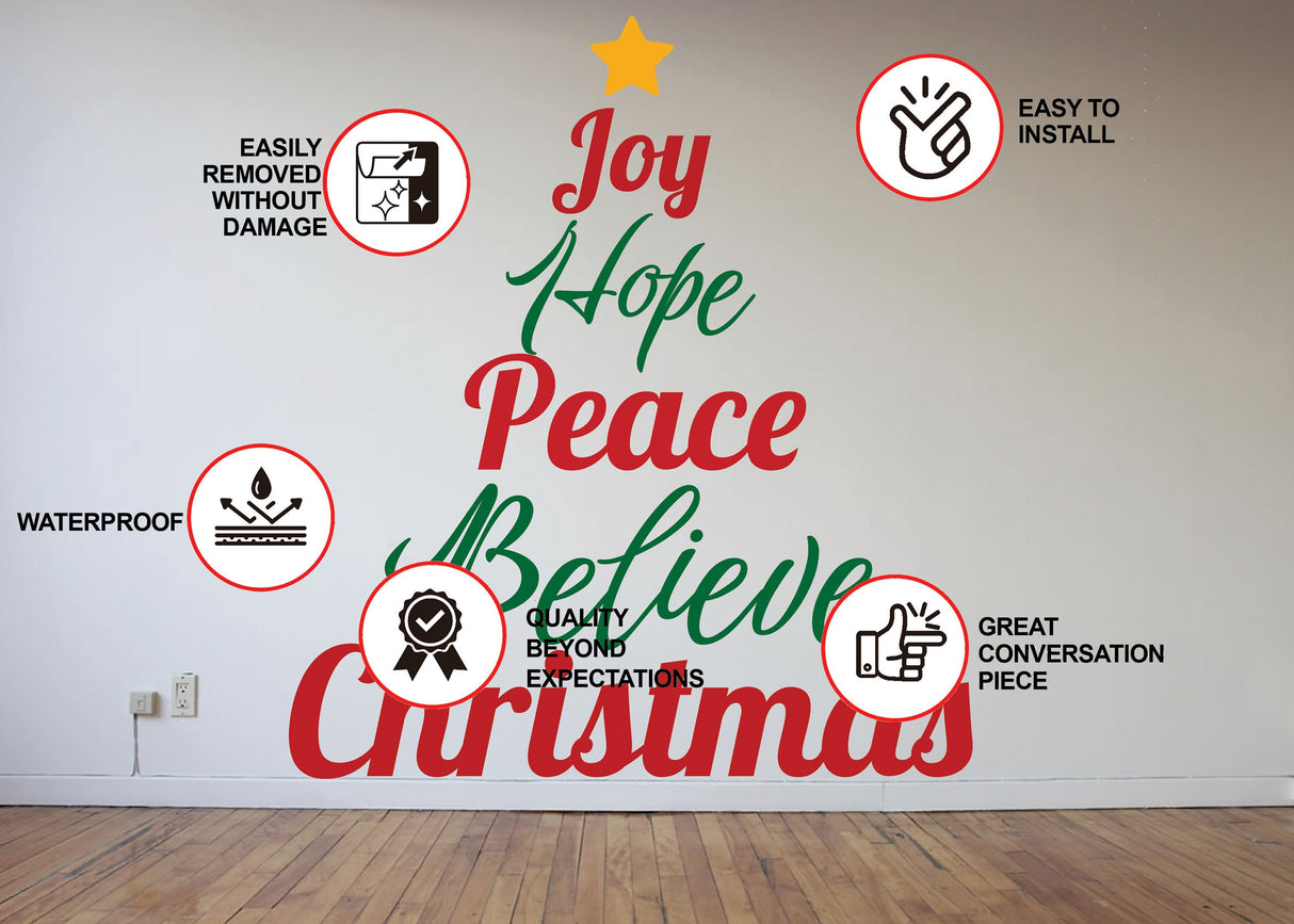 Alternate product view of the Joy Hope Peace Believe Christmas wall decal, layout 2.